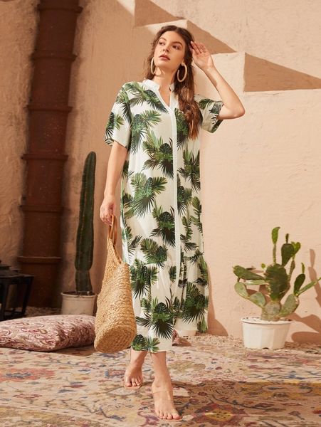 

tropical print button up smock dress e6fx#, Black;gray