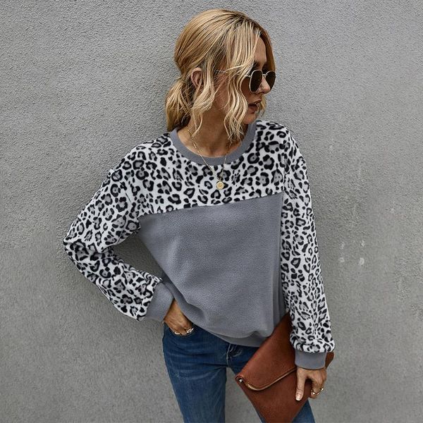 

jastie women sweatshirt 2020 fleece hoodies casual patchwork leopard print o-neck long sleeves sweatshirt blusas streetwear, Black