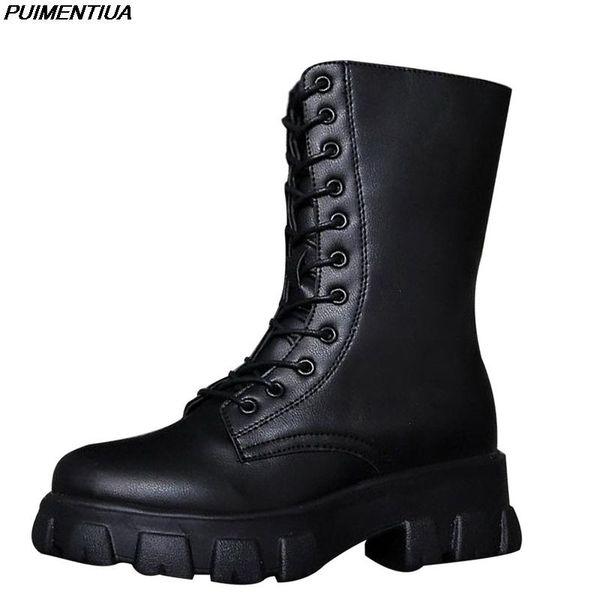 

boots dropship women motorcycle shoes platforms ankle wedges female lace up leather woman high heels, Black