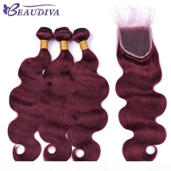 

beau diva pre colored 99j dark red human hair bundles with closure brazilian body wave hair bundles with closure remy brazilian hair, Black;brown