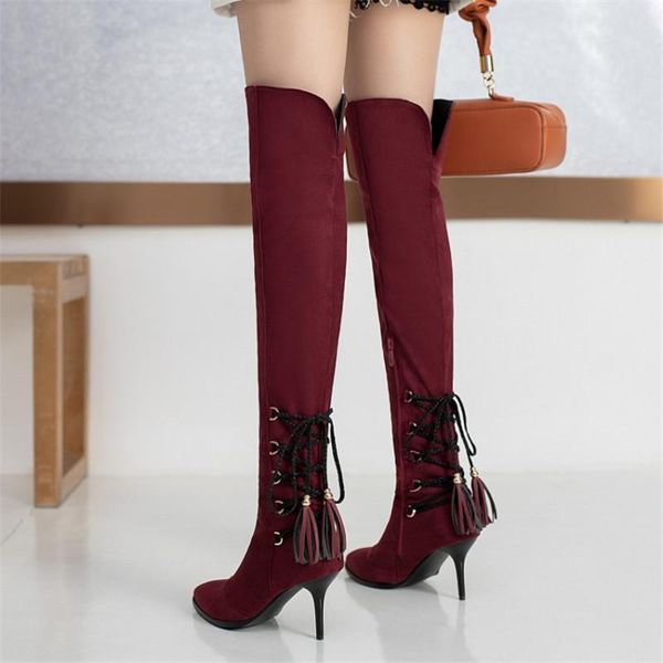

pxelena plus size 34-45 shoes women over the knee boots stilettos high heels flock stretch thigh high boots autumn winter, Black