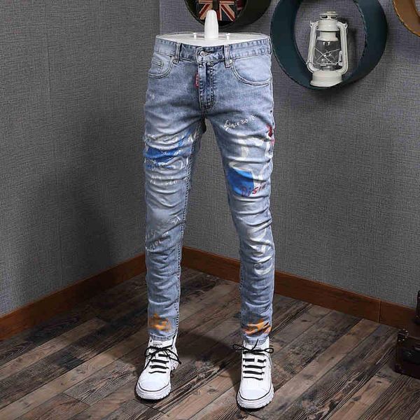 

men's jeans fashion streetwear men elastic slim fit printed designer punk denim pencil pants hombre hip hop long trousers, Blue