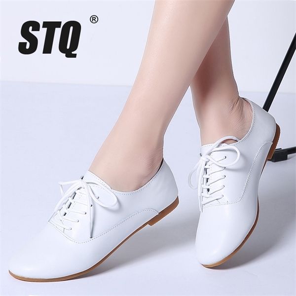 

stq 2020 spring oxford ballerina flats women genuine leather moccasins lace up loafers white shoes 051 c1103, Black;white