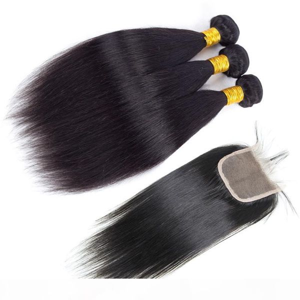

8a unprocessed indian hair bundles with lace closure remy human hair extensions raw indian hair wefts lace closure, Black;brown