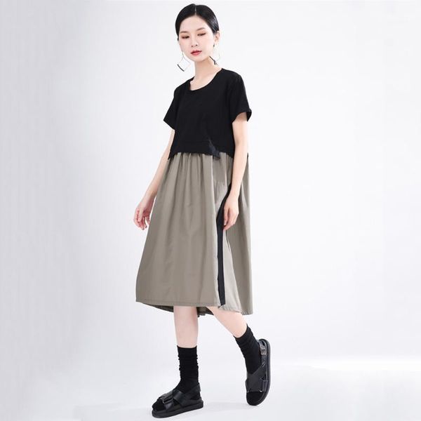 

2020 new summer stitching loose women dress original design fashion trend spliced geometric patterns midi ladies dress abito1, Black;gray