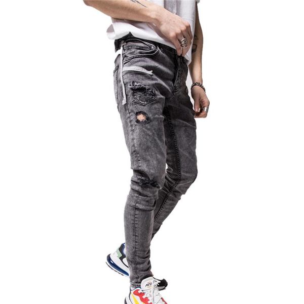 

ripped hole pencil jeans men new 2020 man cotton denim pants distressed freyed slim fit casual trousers stretch broken jean male, Blue
