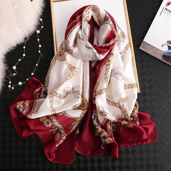 

2020 women silk scarf luxury chain print shawls wraps lady pashmina hijab foulard bandana scarves beach stole, Blue;gray