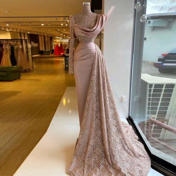 

arabic aso ebi evening dress high neck pink lace long sleeves prom dress formal party second reception gowns, Black