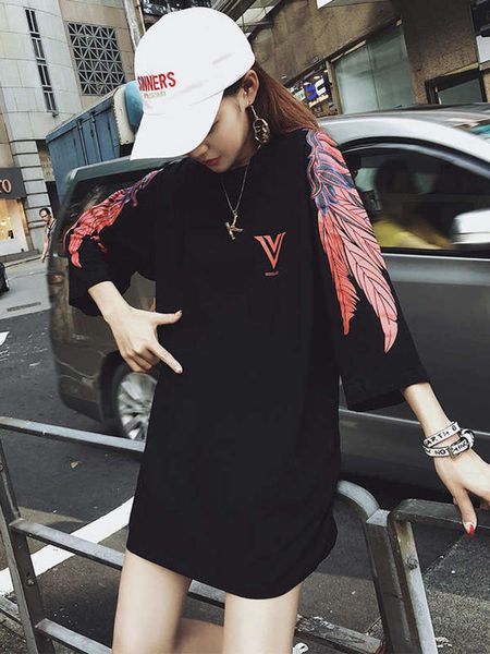 

t-shirt ins short sleeve 2020 new women's summer tide loose medium length hip hop of style large cotton top, Black;gray