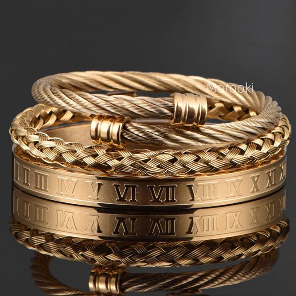 

3pcsset roman numeral bangles men bracelet handmade stainless steel hemp rope buckle open pulseira bileklik luxury jewelry7293863, Black