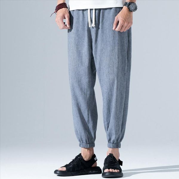 

pants mens casual vintage loose cotton linen pure color trousers men joggers comfort ankle length men pants pantalones hombre, Black