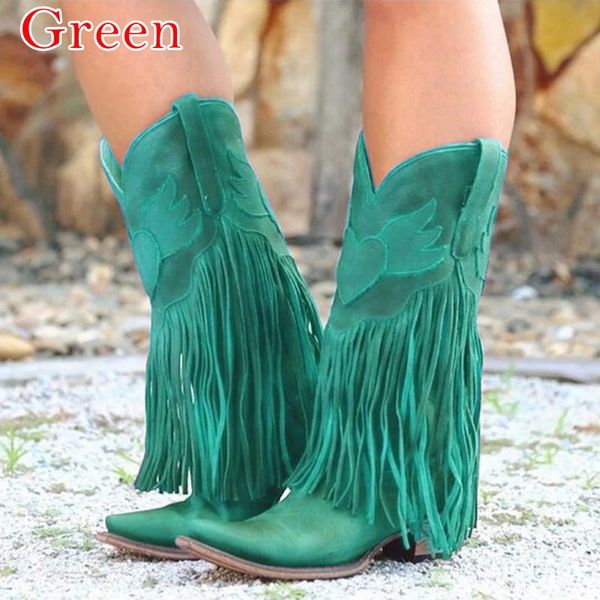 

2020 fashion women mid-calf low heel bohemia style motorcycle boots fringed cowboy boots shoes spring autumn women, Black