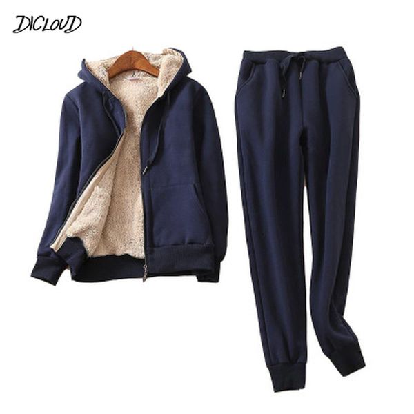 

plus size women's winter warm suit 2 piece tracksuit women long sleeve thicken hooded sweatshirts cashmere sports suits women 201104, Gray