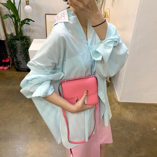 

[ewq] spring new embroidered letters fashion loose lapel long shirt korean style large size casual stripe blouse qx215 201126, White