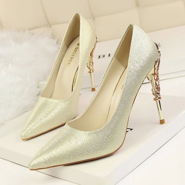 

bigtree shoes women 2020 classics high heels metal carved heel 10cm wedding praty pumps fashion female pointed toe elegant #gj4a, Black