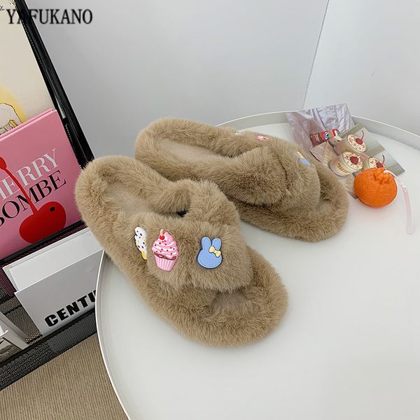 

winter cute plush slippers outdoor thick bottom cross band flats faux fur warm cotton shoes fashion house fluffy furry slippers x1020, Black