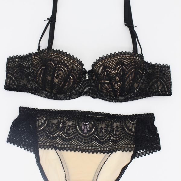 

push cup cup thin cotton bra 1/2 full lace size up lingerie suits plus big set dress a-e panty black women underwear 32-38 ecuvw