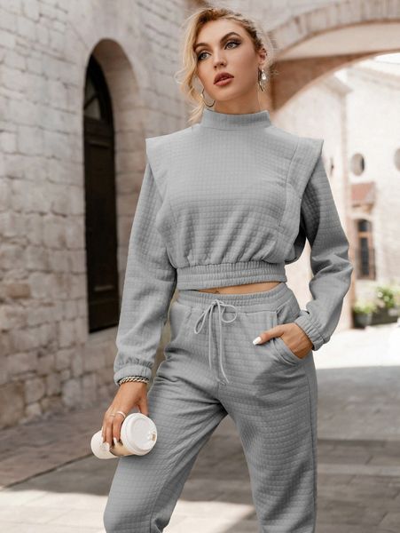 

simplee shoulder pads mock neck textured & joggers 22vk#, White