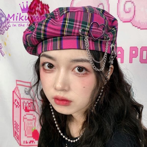 

новый стиль gothic girl cute love chain женщины плед береты hat harajuku punk rock style женский streetwear boina feminina 201009, Blue;gray