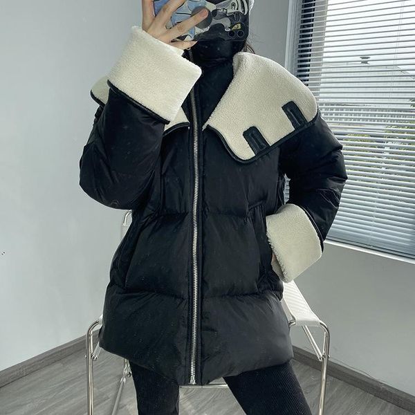

new winter white duck down jacket women lambswool collar down coat female thick warm long black parka oversize outerwear