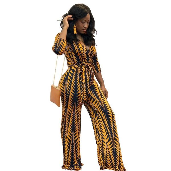

autumn women jumpsuits casual loose geometric print yellow rompers ladies v-neck long sleeve flares jumpsuit with sashes, Black;white
