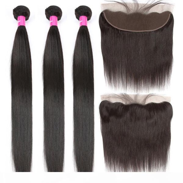 

straight human hair 1 bundles with frontal closure malaysian remy hair pre plucked lace frontal closure with bundles, Black