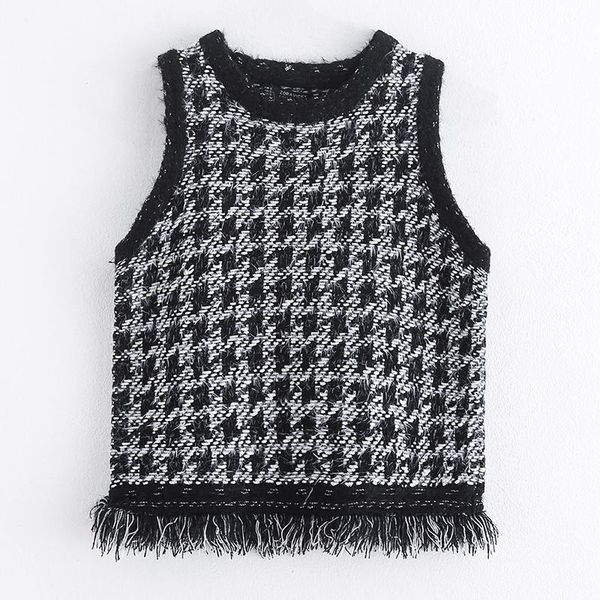 

women's vests hadara england style o neck sweaters women fashion houndstooth sweater elegant tassel sleeveless female ladies, Black;white