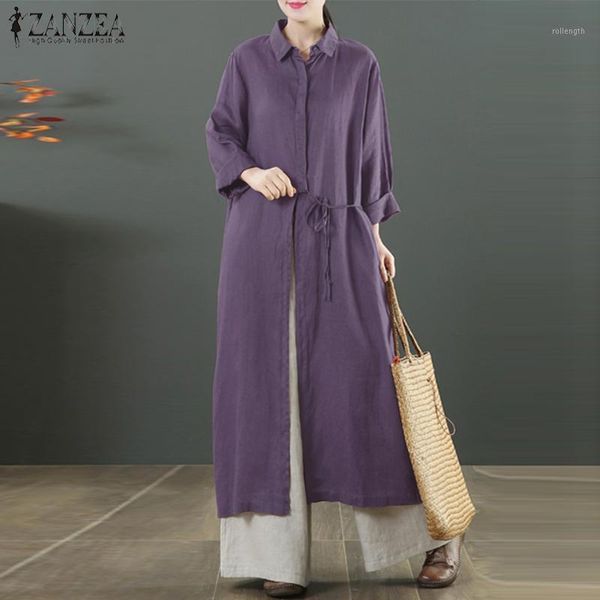 

retro button long shirts women's autumn blouse zanzea casual long sleeve lace up vestidos blusas female lapel solid tunic1, White