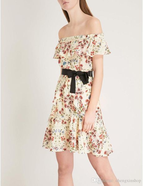 2018 rinora off-the-ombro floral-impressão de seda mini vestido 100% seda com cinto senhora vestidos mulheres uma peça vestido primavera verão