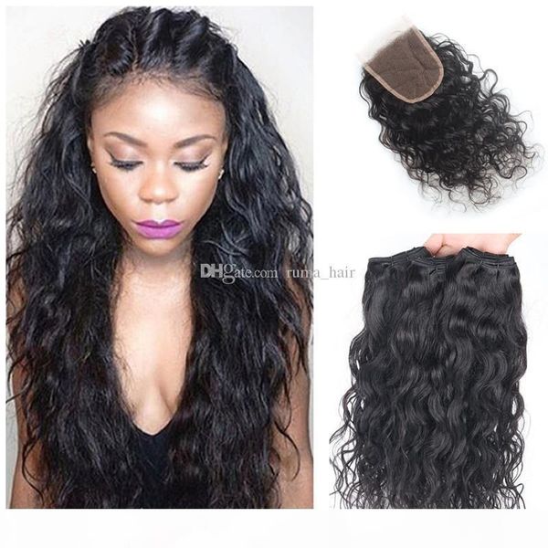 

8a brazilian wet wavy water wave hair with closure 3 bundles with closure brazilian wet and wavy hair with closure wavy human hair, Black;brown