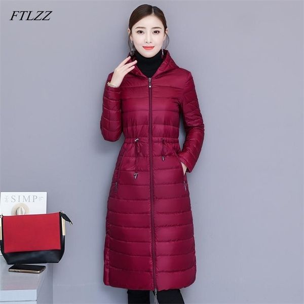 

ftlzz winter coat women white 90% duck down jacket medium long slim hooded parkas ultra light down coat casual outwear 201102, Black