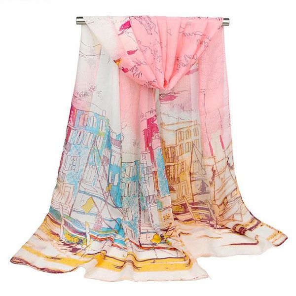 

summer scarves woman 2020 thin chiffon scarf sailboat oil painting silk scarf colorblock gradient long section hijab beach towel, Blue;gray