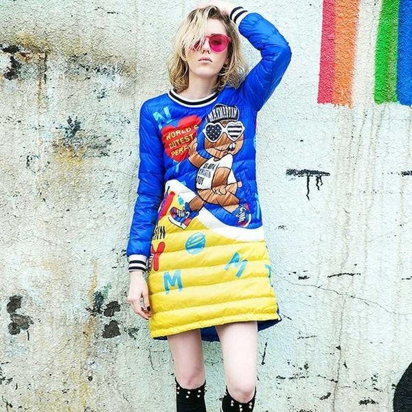 

women new winter cartoon printed down jacket waterproof sweet european slim fashion female o-neck warm thicken high-quality coat1, Black