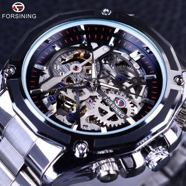 

forsining mechanical steampunk design fashion business dress men watch brand luxury stainless steel automatic skeleton watch, Slivery;brown