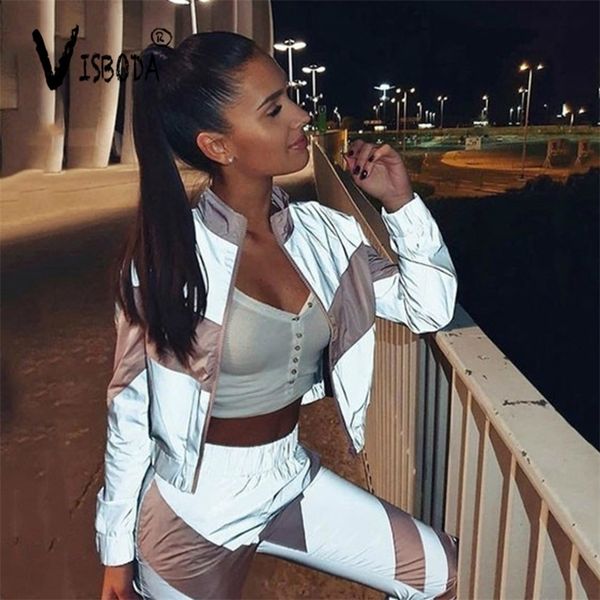 

women tracksuits 2 piece set reflective zip crop pants windbreaker fashion female loose glow jacket coat trousers plus size y200110, White