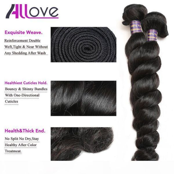 

allove 10a loose wave 4 bundles peruvian virgin hair malaysian loose wave indian human hair bundles brazilian hair extension, Black