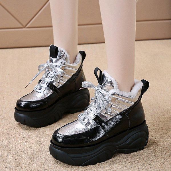 

boots rimocy chunky platform women winter ankle warm thick plush cotton padded shoes woman waterproof lace up snow female, Black
