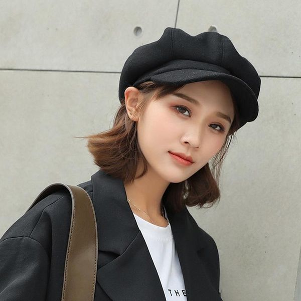 

solid color woolen newsboy cap octagonal 8 panel hat women autumn winter thickened warm beret jl, Blue;gray