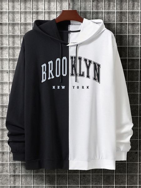 

men letter graphic colorblock drawstring hoodie c77v#, Black