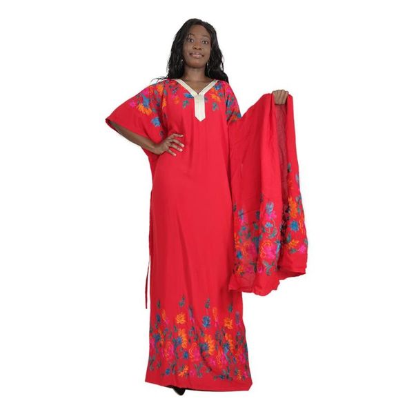 

ethnic clothing style solid loose african dresses for women v neck embroidery floral plus size femme robe with scarf, Red
