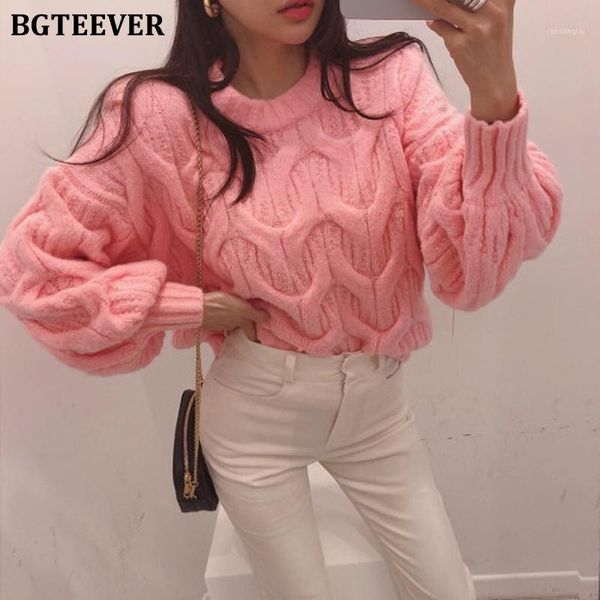 

bgteever o-neck lantern sleeve twist knitted sweater 2019 winter sweet casual warm pullover sweater female jumpers vestidos1, White;black