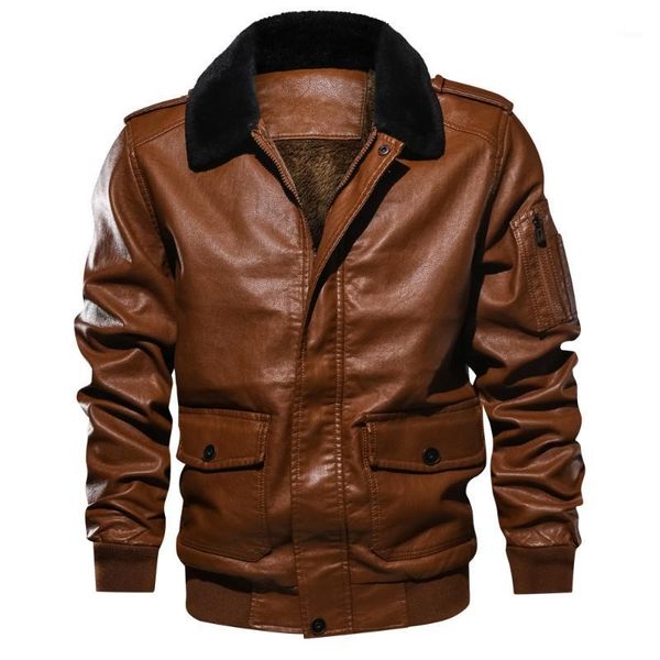 

pu leather flight jackets men winter spring 2020 fashion lapel brown warm velvet thicken coat homme casual loose abrigo hombre1, Black;brown