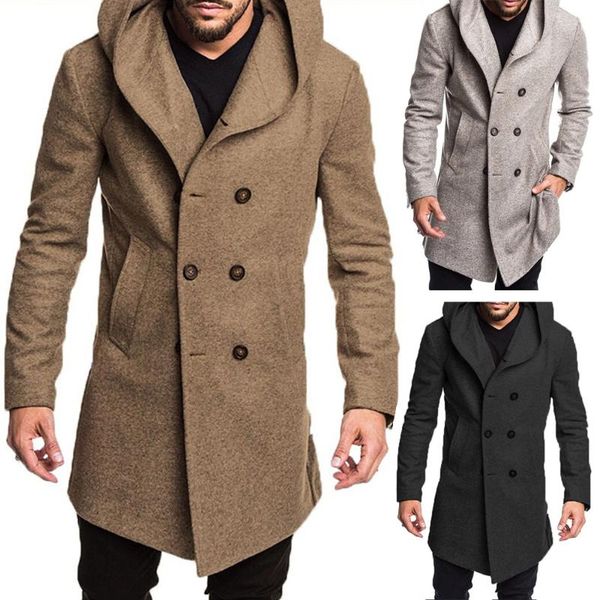 

autumn winter british style men's wool coat new design zipper long trench coat brand clothing quality hooded woolen men, Black