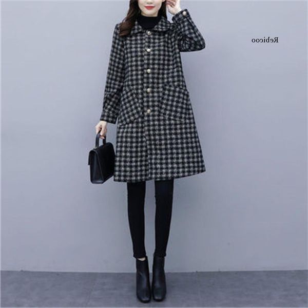 

new autumn winter women's long fashion plaid women hoodies plus size female woolen coats casual ladies outerwear, Black