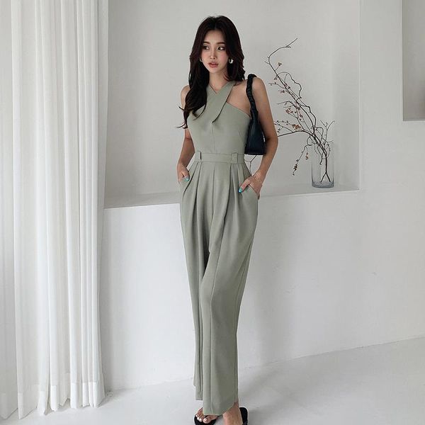 

summer women jumpsuit solid sleeveless loose v-neck full length elegant halter jumpsuits spring female fashion casual streetwear, Black;white