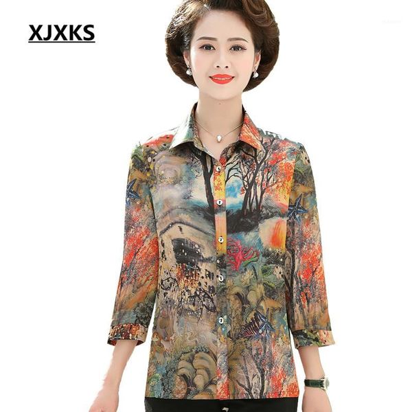 

xjxks spring 2020 new women shirt loose plus size fashion printing casual lapel women blouse1, White