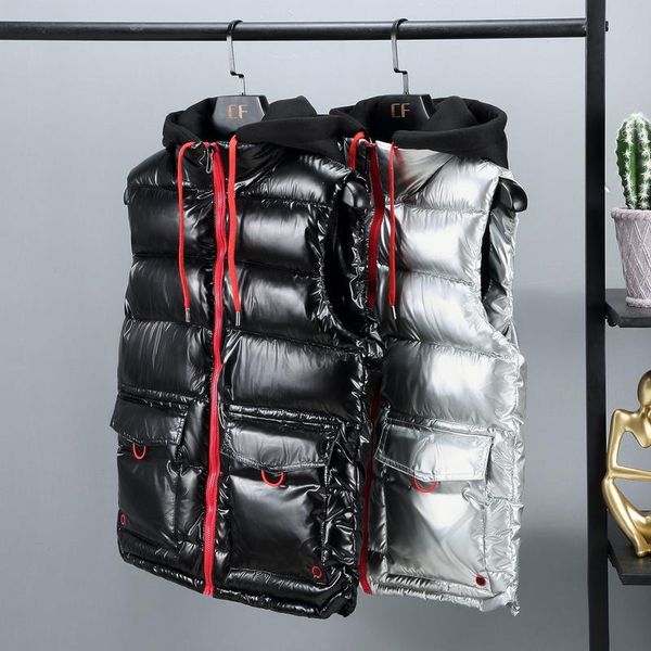 

2020 new thicken vest men casual winter waterproof warm hooded big pockets sleeveless coat hat detachable plus size men's clothe, Black;white