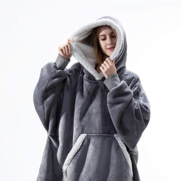 

womens hoodies oversized hoodie blanket with sleeves sweatshirt plaid winter fleece hoody women pocket female sherpa giant hooded oversize, Black