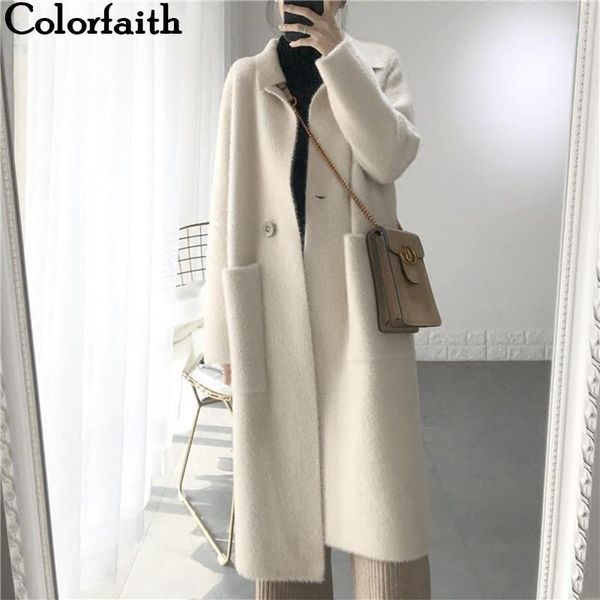 

colorfaith new 2020 autumn winter women jackets warm korean style office lady elegant long coat outerwear wool blends jk31231, Black