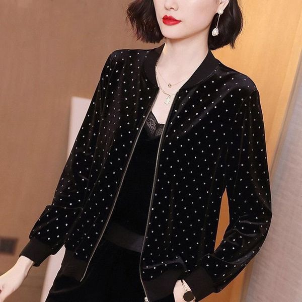 

casual print loose long-sleeve gold velvet short coat spring zipper cropped jacket women fashion wild black cardigan 201112, Black;brown